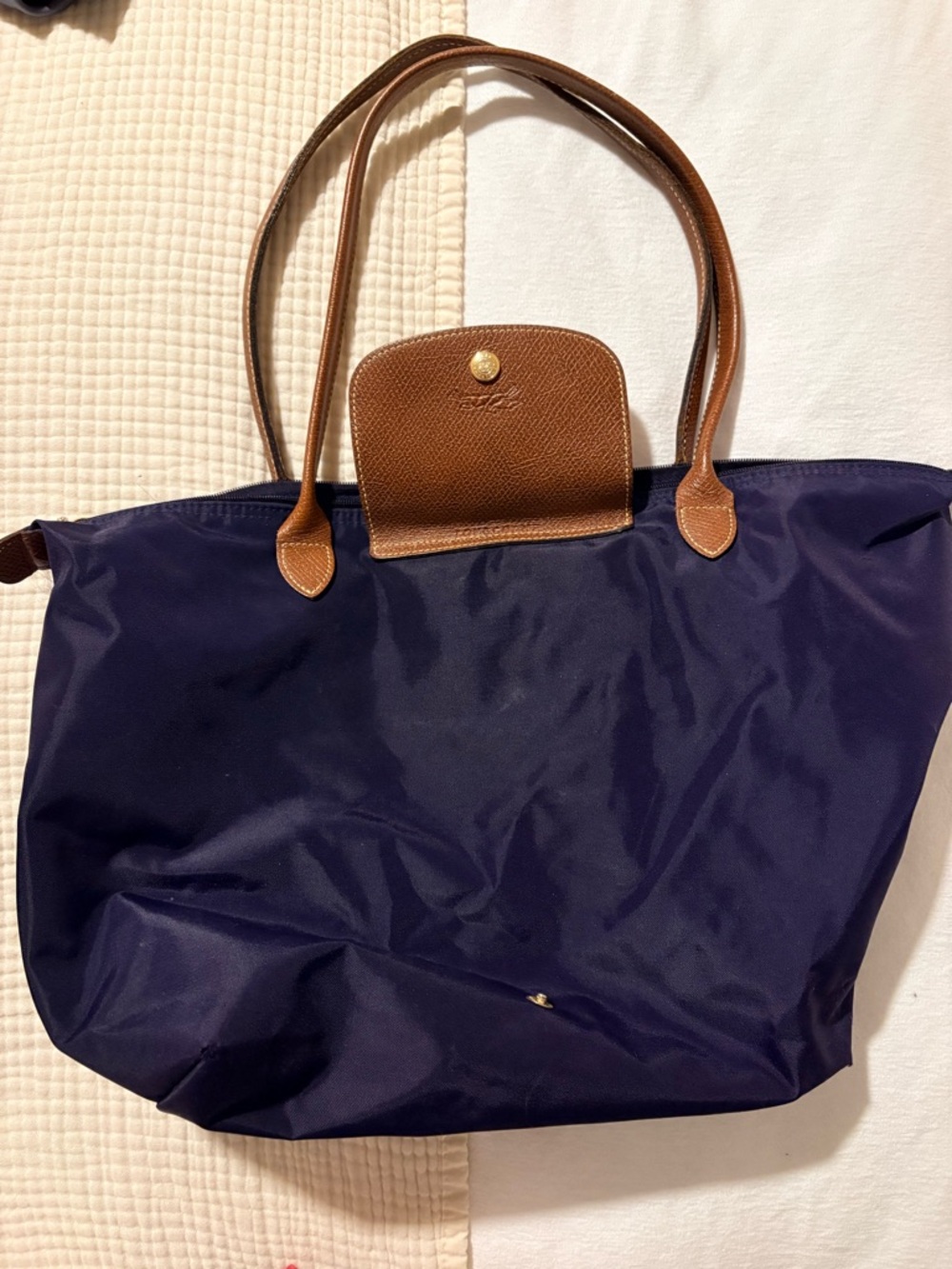 Longchamp Navy Tote with Brown Leather Trim